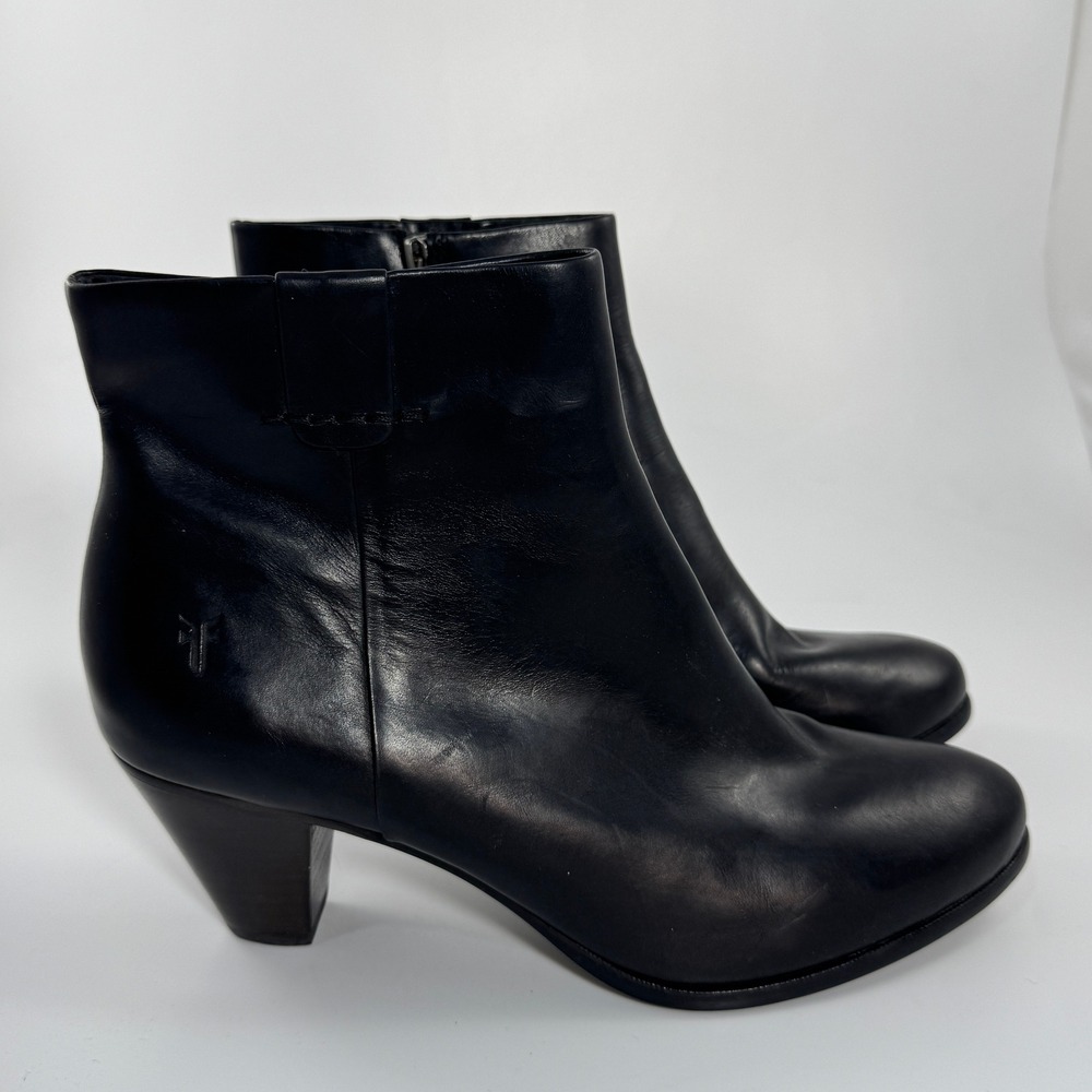 Frye Womens Black Leather Ankle Boots Round Toe Stacked Cone Heel Bootie‎ - Picture 3 of 15
